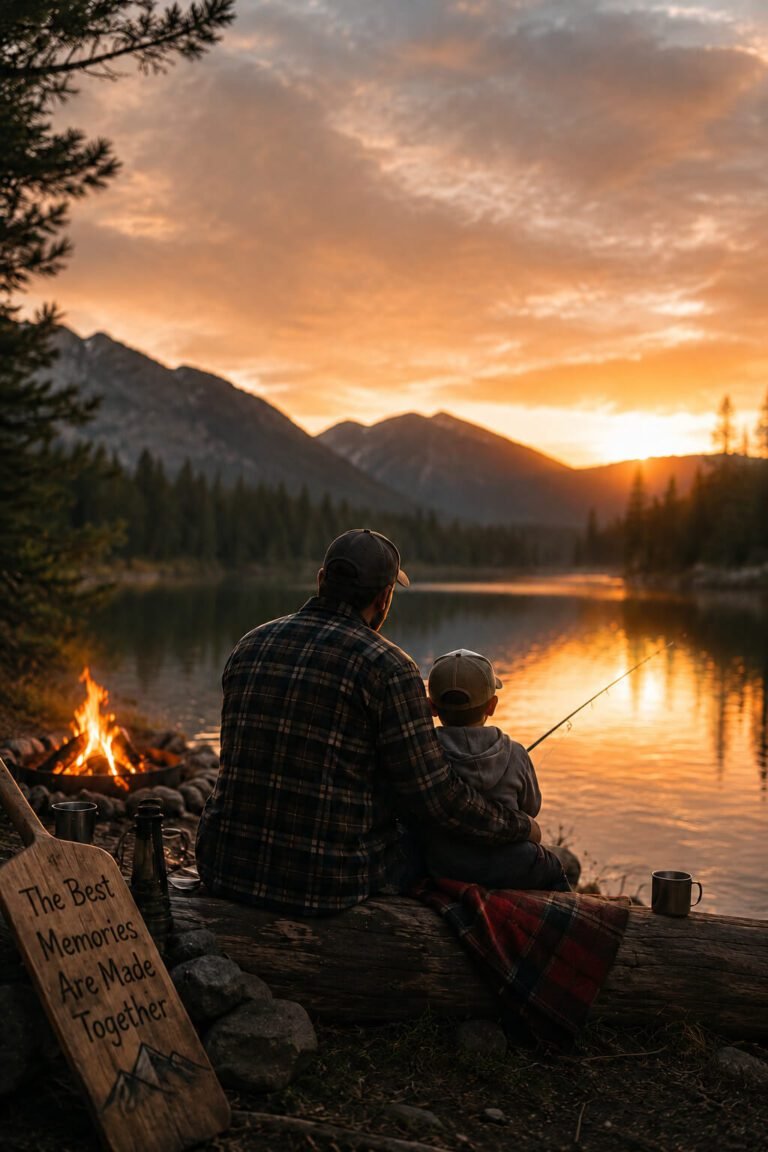 dad fishing with kid with a gorgeous sunset