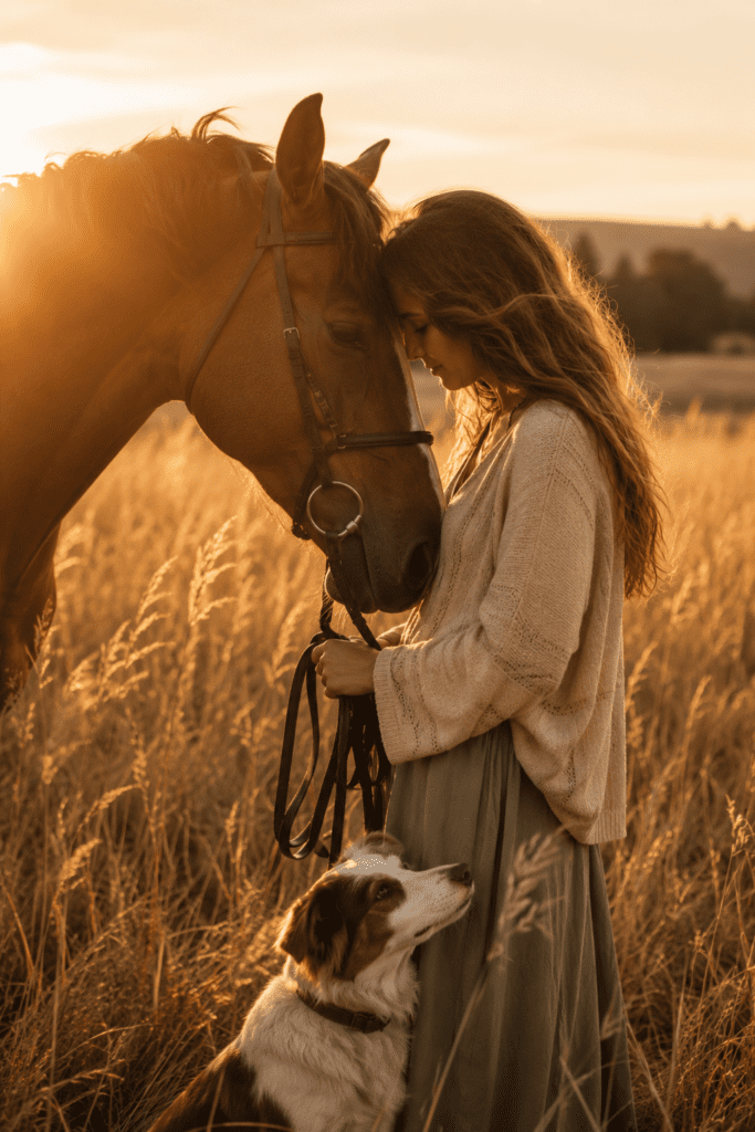 women with her forehead touching her horses forehead with her dog at her side