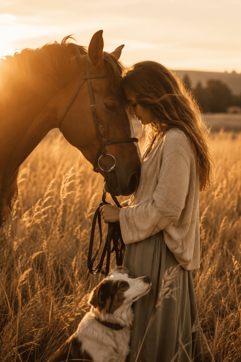 woman pressing her forehead into her horses head with a beautiful sunset
