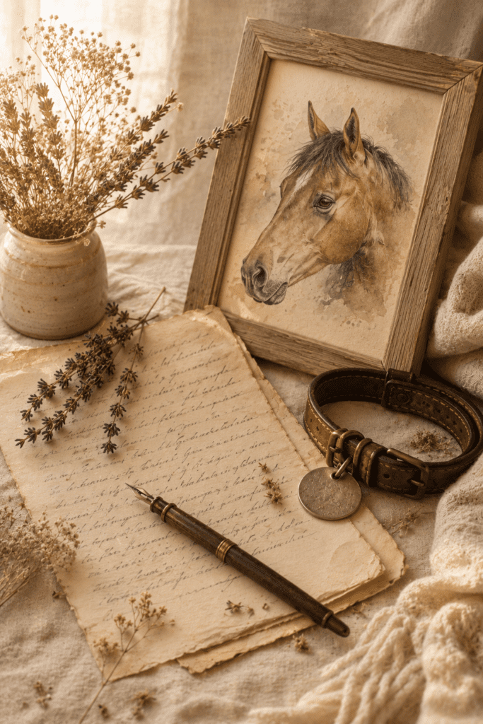 Rustic still life with horse portrait with dried flowers in a vase next to the old dog collar and letter to the pet