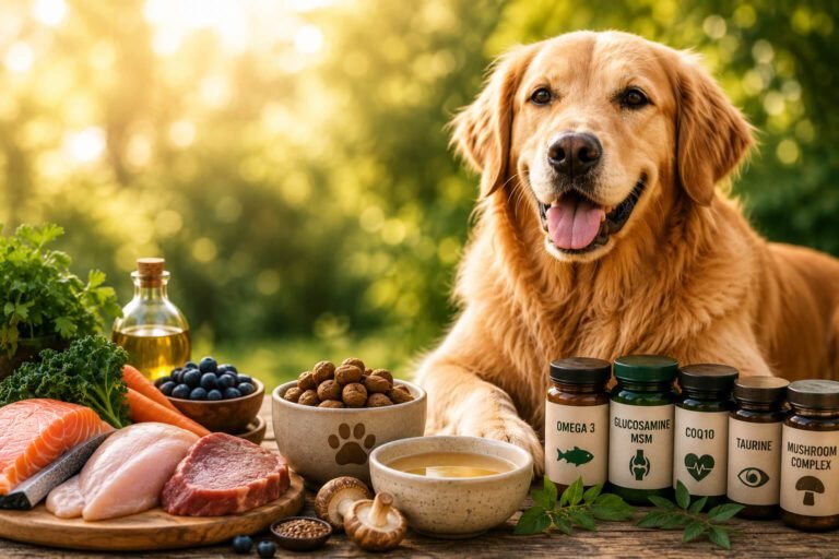 golden retriever lying down next to table with his healthy natural food and supplements