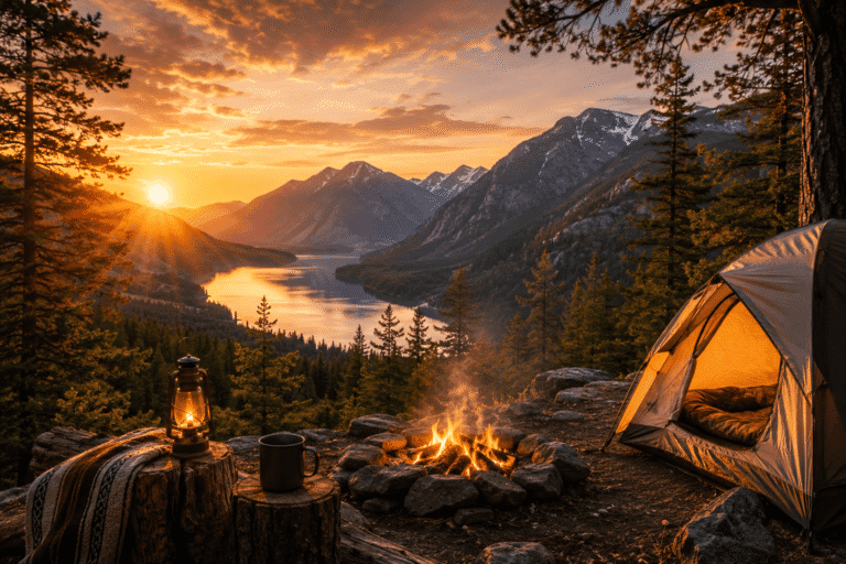Beautiful sunset over lake and mountains