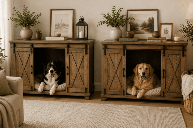 2 barn door style wooden dog crates with cute dogs lying in them