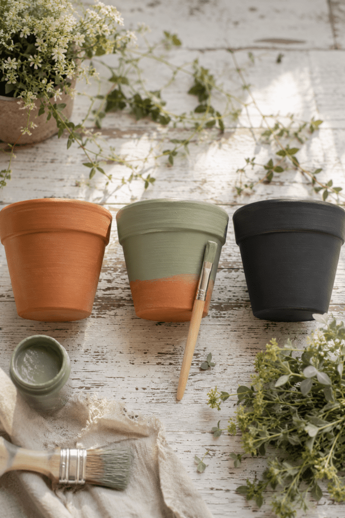 ceramic rust colored pot next to a half-painted sage green pot, next to a dark charcoal pot