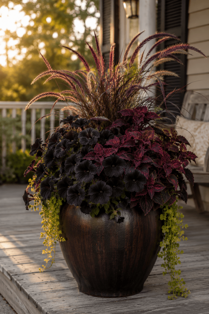 Cozy porch with lush garden planter with dark burgundy coleus and tall grass