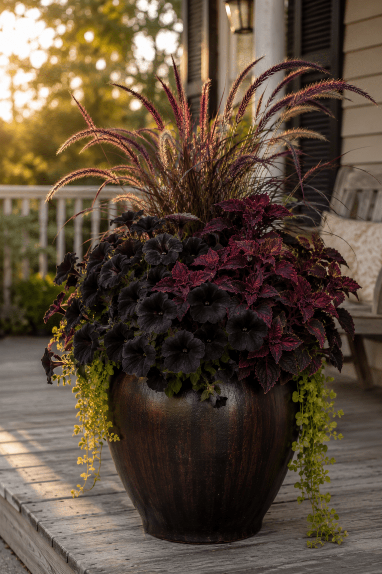 vibrant dark red flowers in large ceramic pot on porch