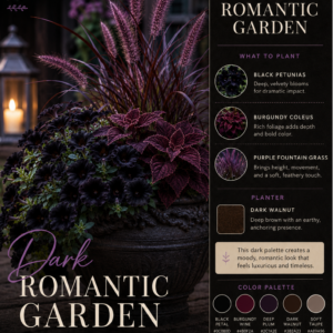 Dark burgundy coleus with purple grass on a porch with subtle lantern