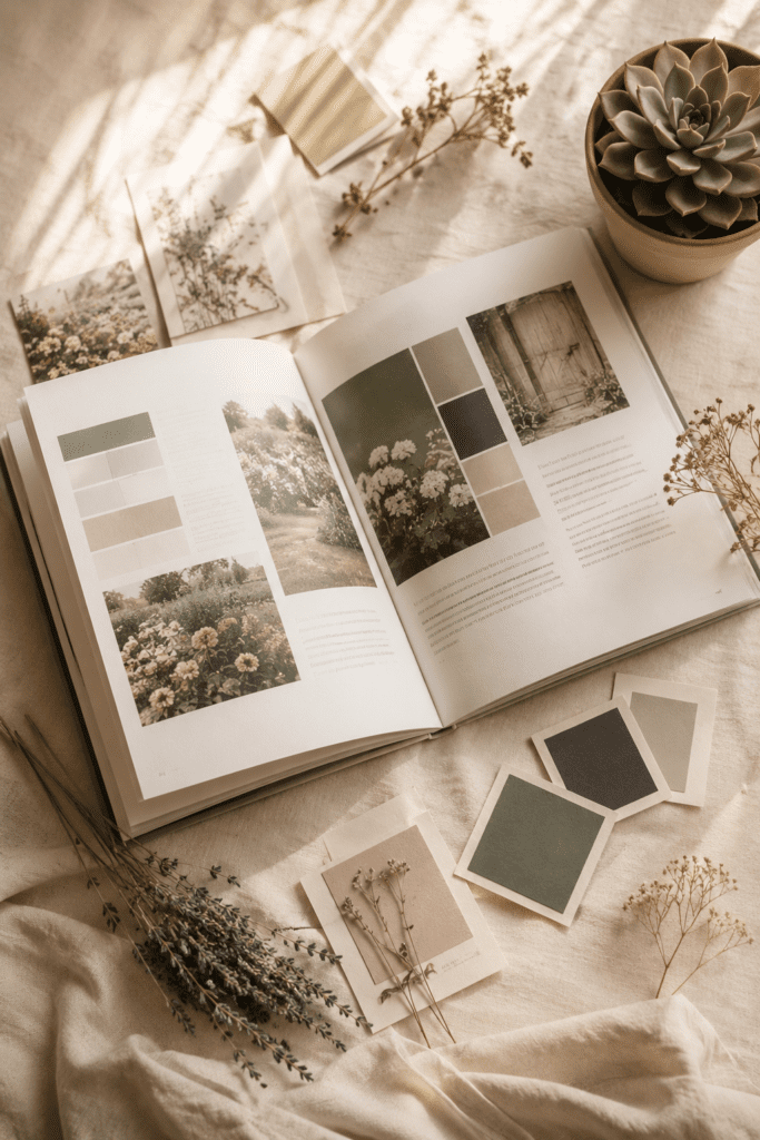 garden color guide book on linen table with cactus and dried flower pictures