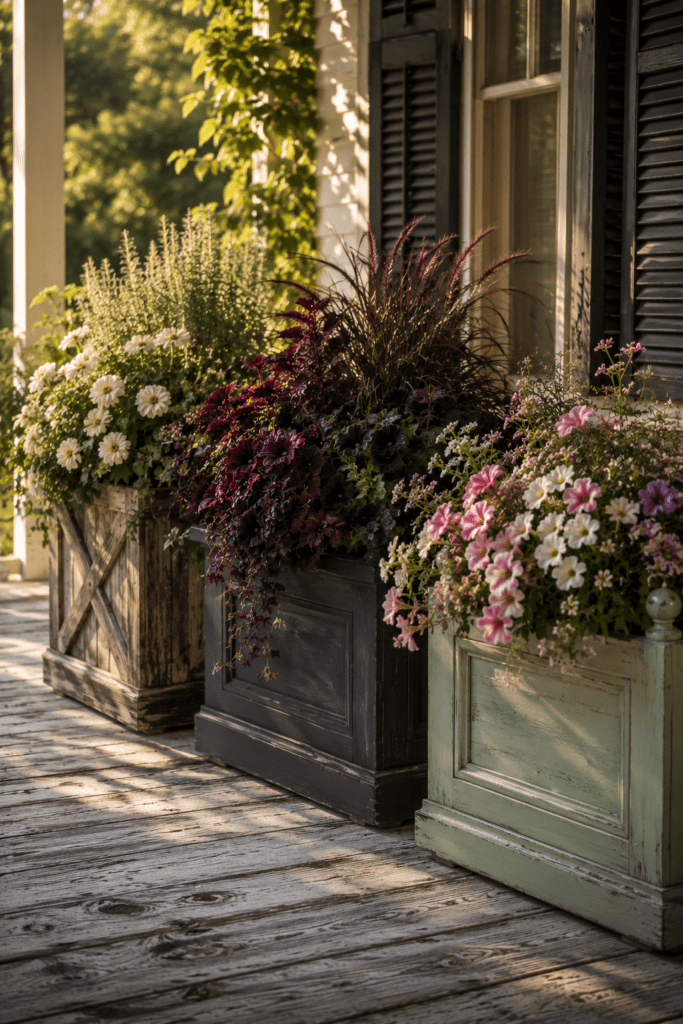 Three rustic multi-color farmhouse planter boxes on a weathered wood porch in whitewashed wood, dark charcoal, and sage green overflowing with white daisies, burgundy coleus, purple fountain grass, and pink petunias in golden afternoon light