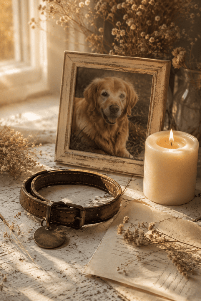 Picture-of-a-dog-who-died-on-a-table-with-his-collar-and-a-candle.