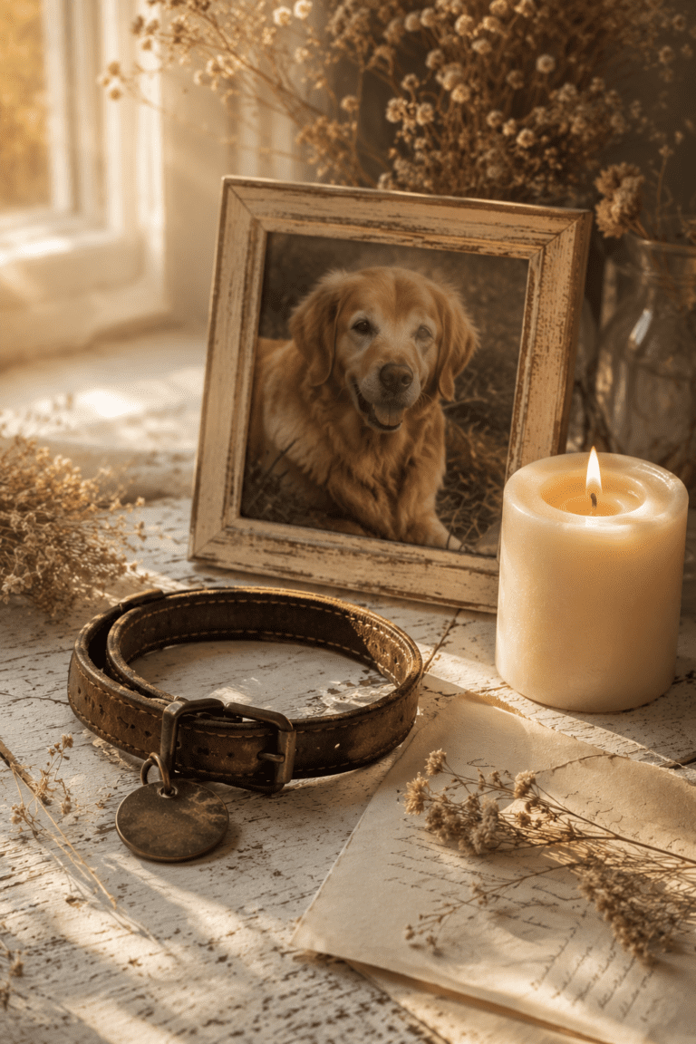 Picture-of-a-dog-who-died-on-a-table-with-his-collar-and-a-candle.
