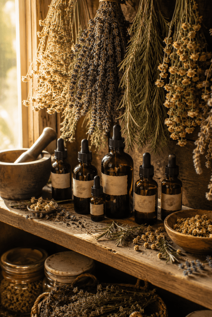 glass tincture bottles on shelf with mortar and pestle surrounded by dried herbs hanging