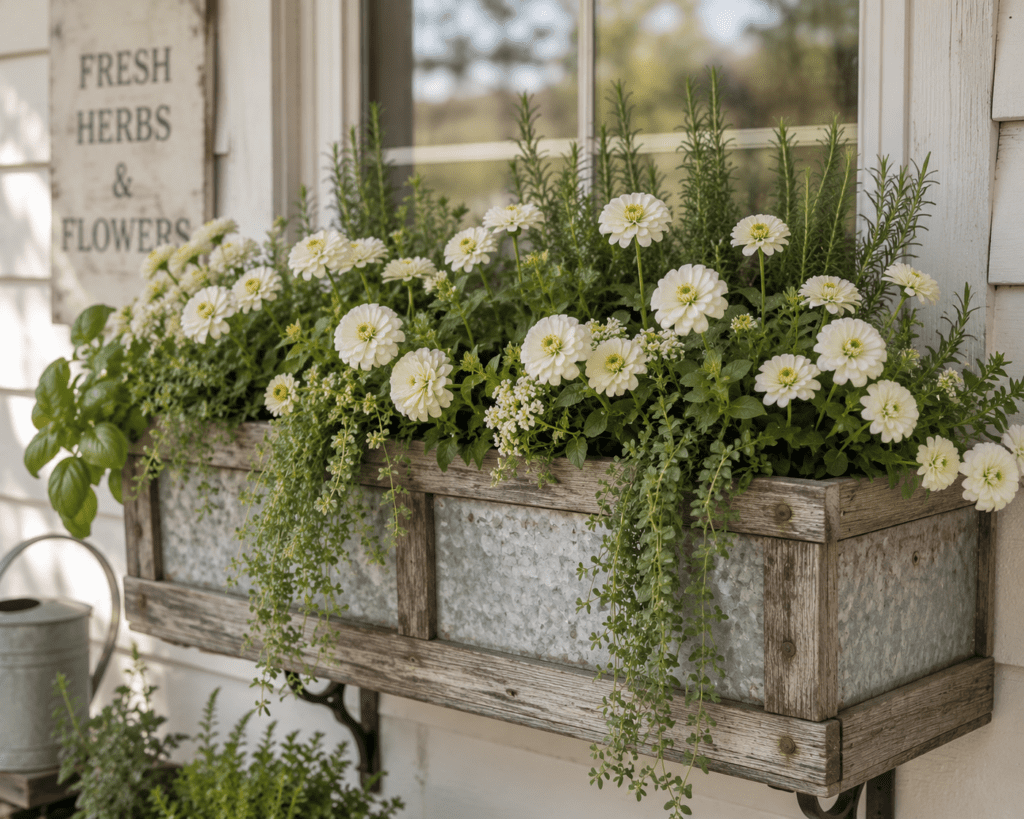 Rustic porch window planter with fresh white flowers and herbs