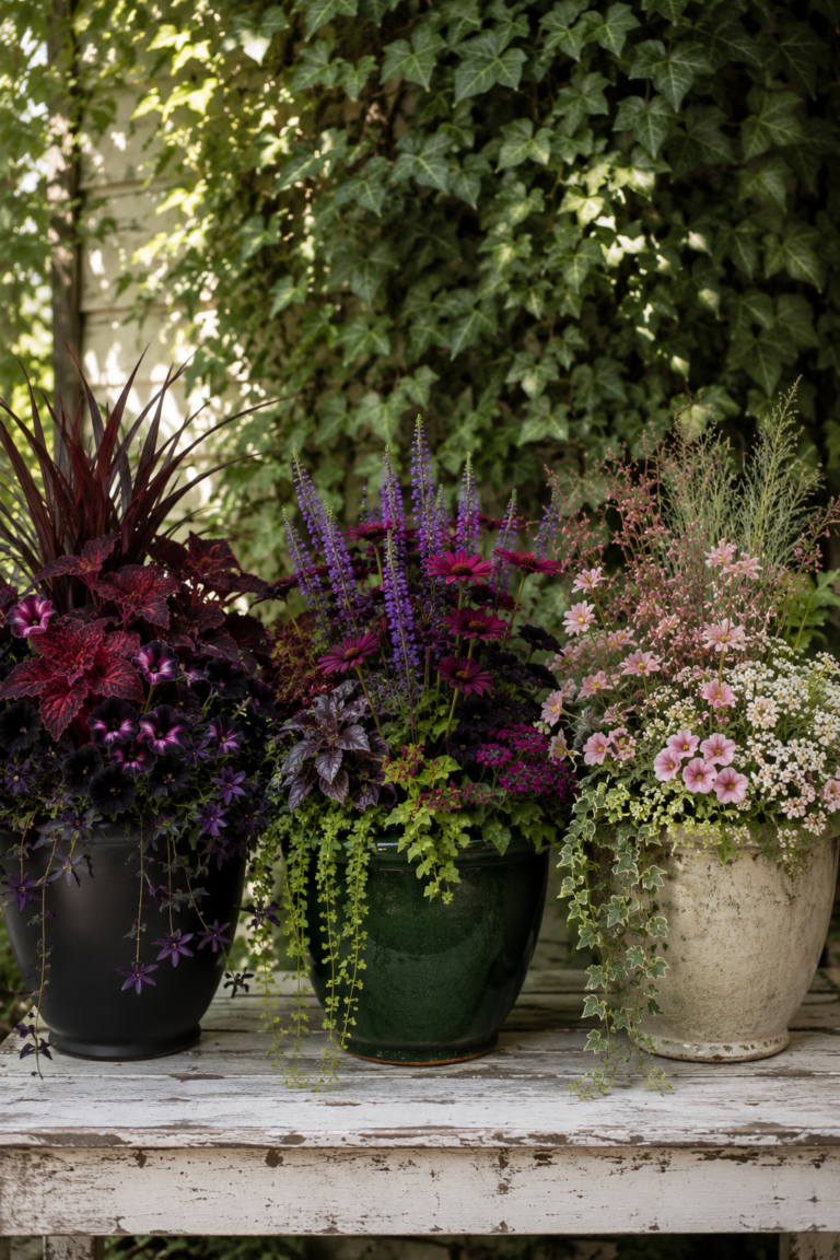 3 colors of flower pots with beautiful flowers
