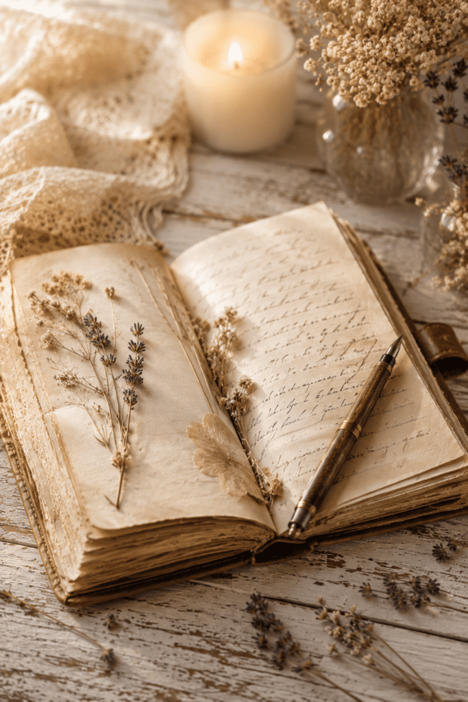 vintage journal with dried flowers open on a table
