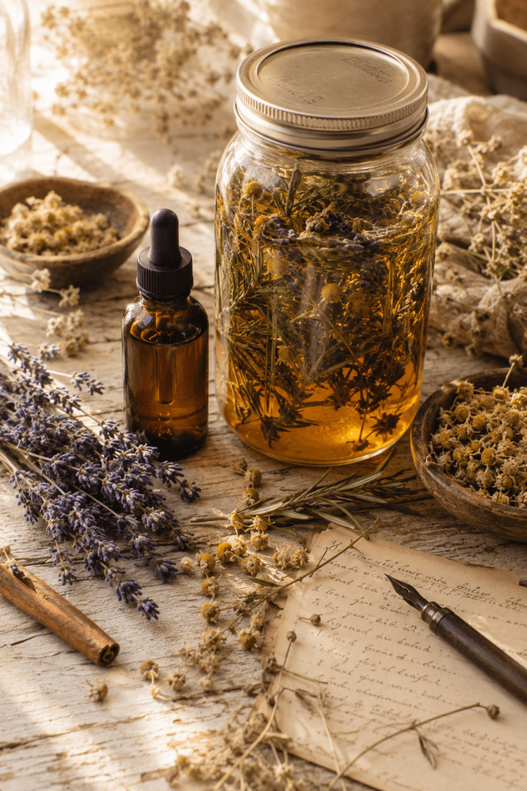 Herbal tincture steeping in a mason jar surrounded by dried lavender chamomile and rosemary with a dropper bottle and vintage handwritten recipe card on weathered wood