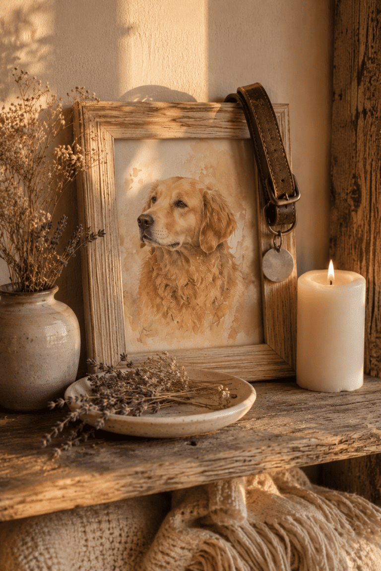 Pet remembrance shelf with a photo of the dog with his collar draped over the photo