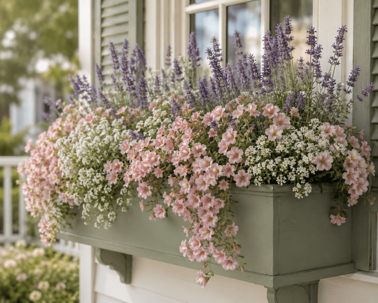 cottage window box planter with purple, pink and white flowers