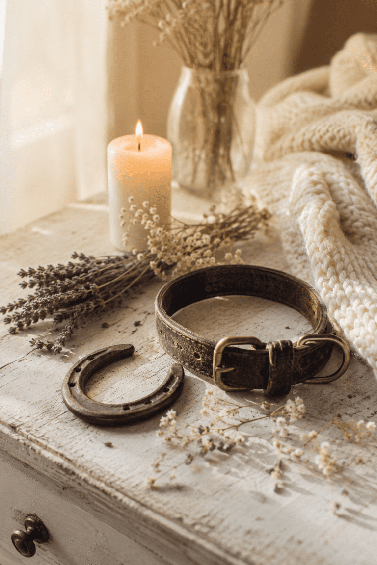 rustic pet remembrance shelf with candle, pets collar and dried flowers