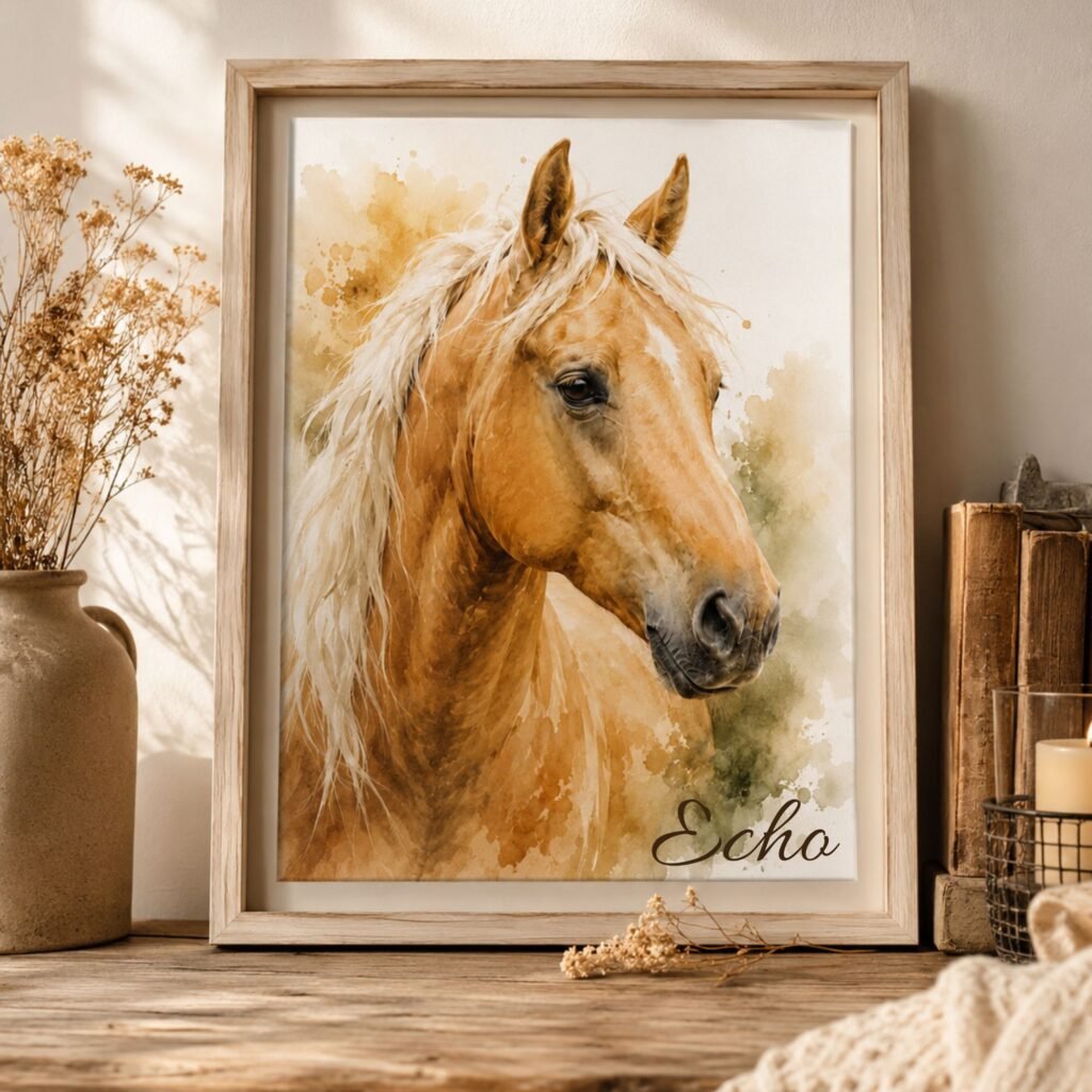 gorgeous palomino horse framed 
watercolor 
