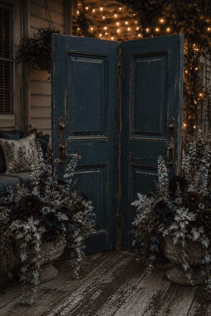 Dark teal vintage doors used as privacy screen on outside porch
