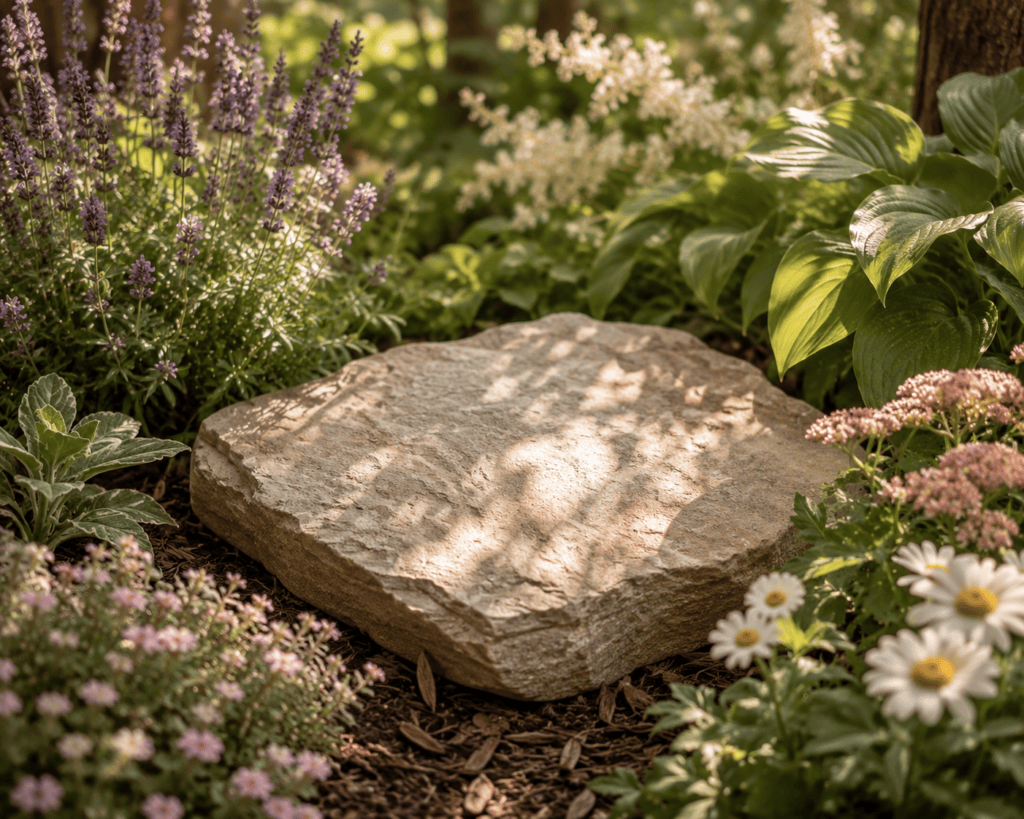 pet memorial garden stone surrounded by living flowers