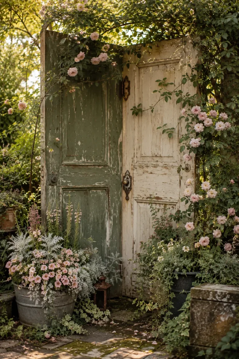 sage and cream vintage doors in garden with white roses climbing on them
