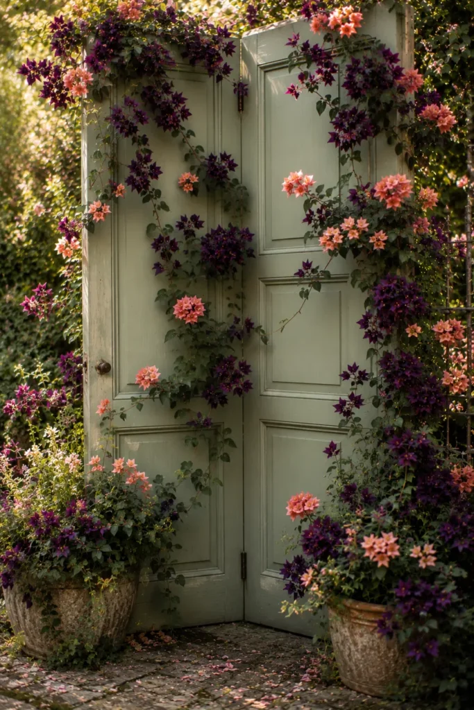 sage green vintage doors in garden setting with climbing roses all over them